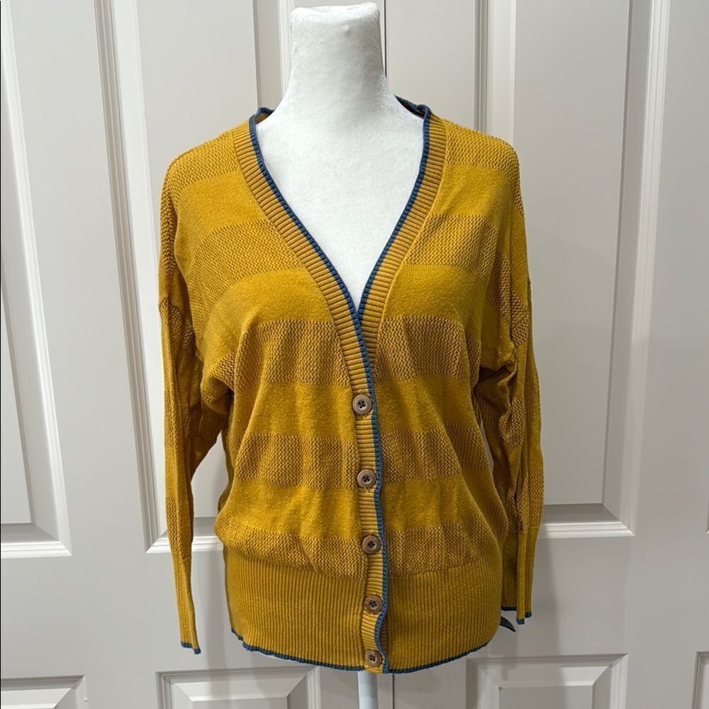 Matilda Jane with Joanna Gaines Mustard Women's Sweater with Blue Trim Size S